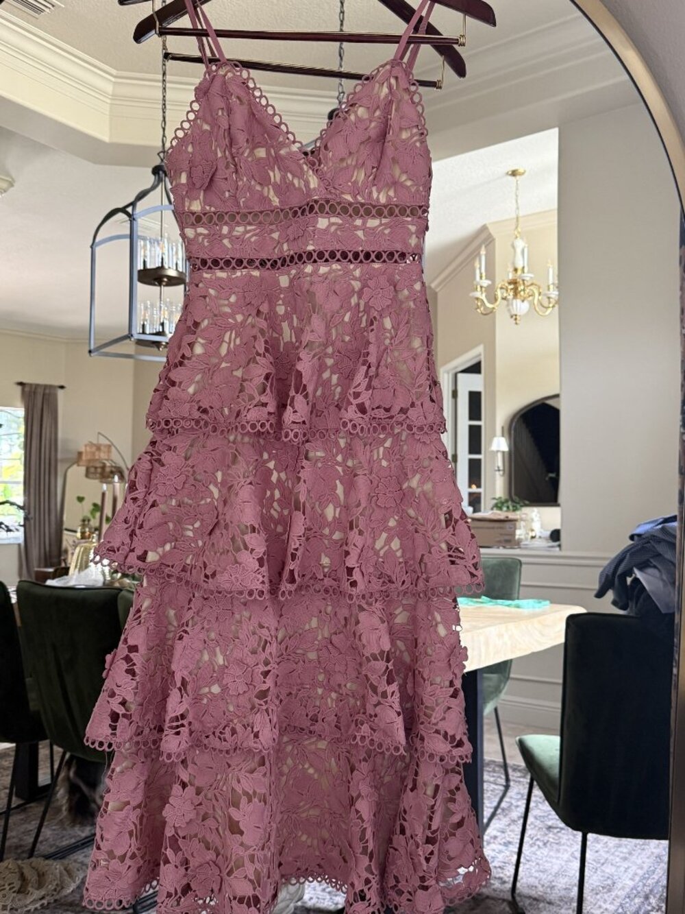 Just Me Mauve Crochet Lace Tiered Ruffle Midi Dress Size S
